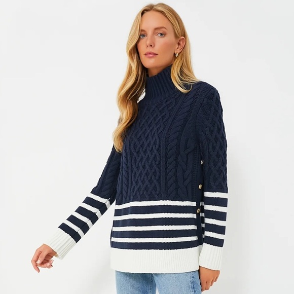 Tuckernuck Sweaters - TUCKERNUCK Navy Striped Sankaty Turtleneck Cable Knit Sweater Size Small NWT